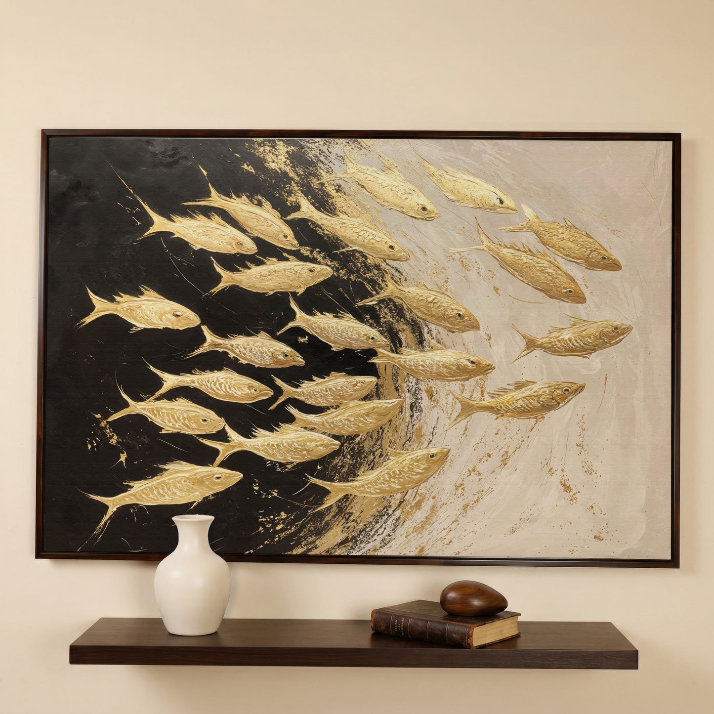 Abstract Gold Fish Canvas Print in dark walnut floating frame