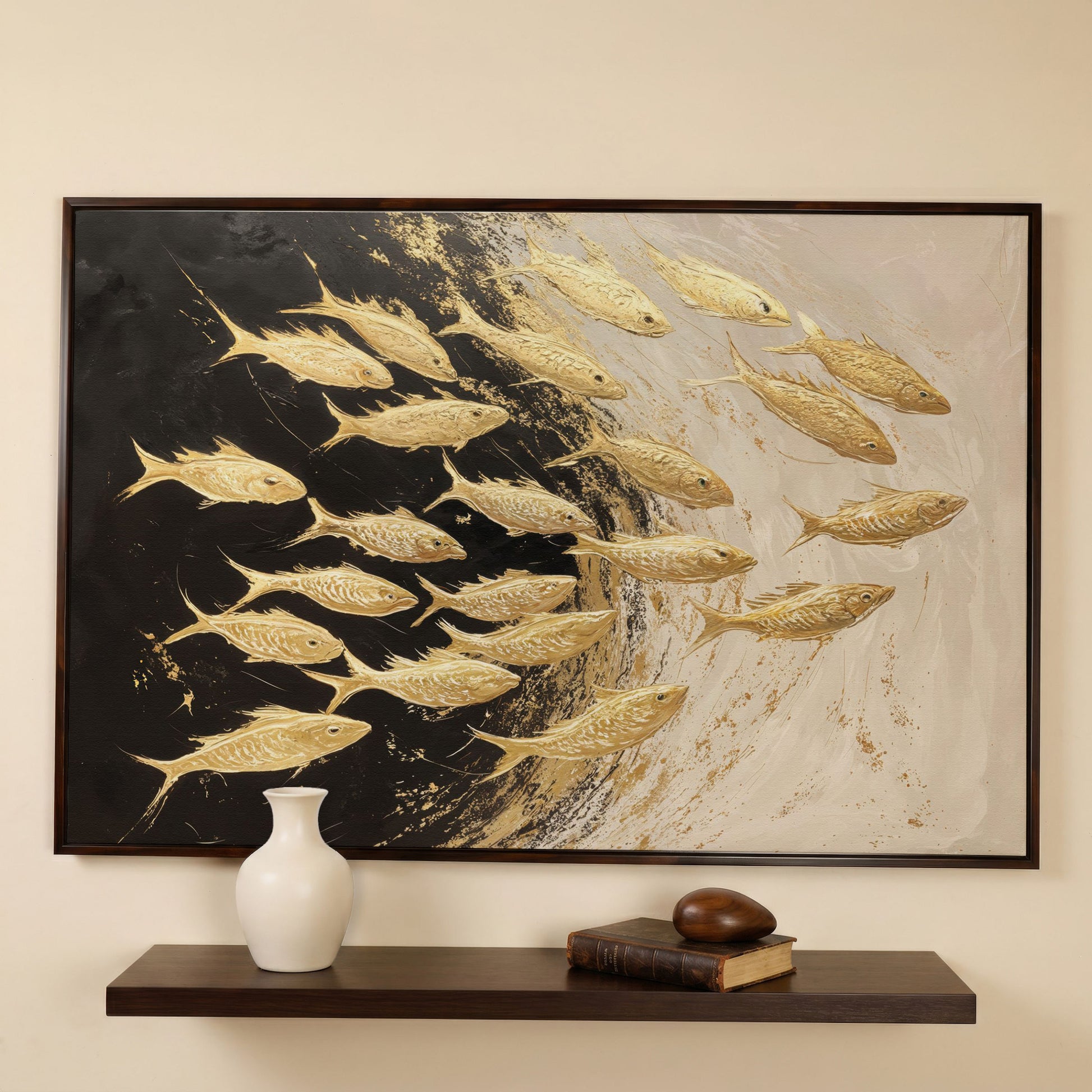 Abstract Gold Fish Canvas Print in dark walnut floating frame