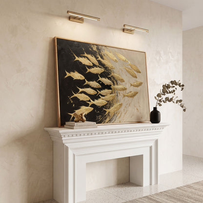 Abstract Gold Fish Canvas Print in white oak floating frame