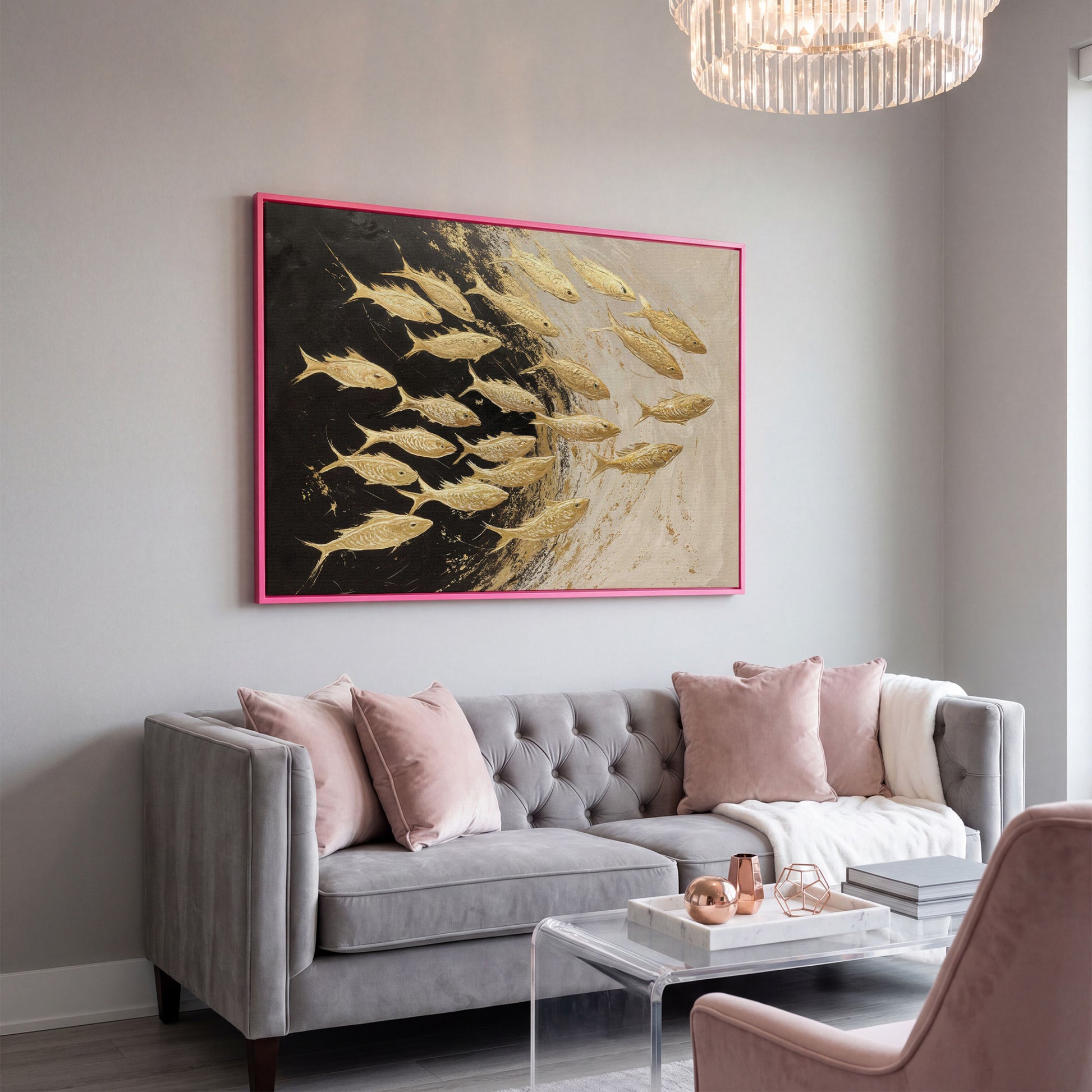 Abstract Gold Fish Canvas Print in pink floating frame