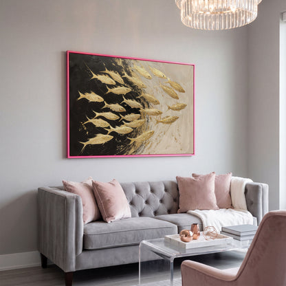 Abstract Gold Fish Canvas Print in pink floating frame