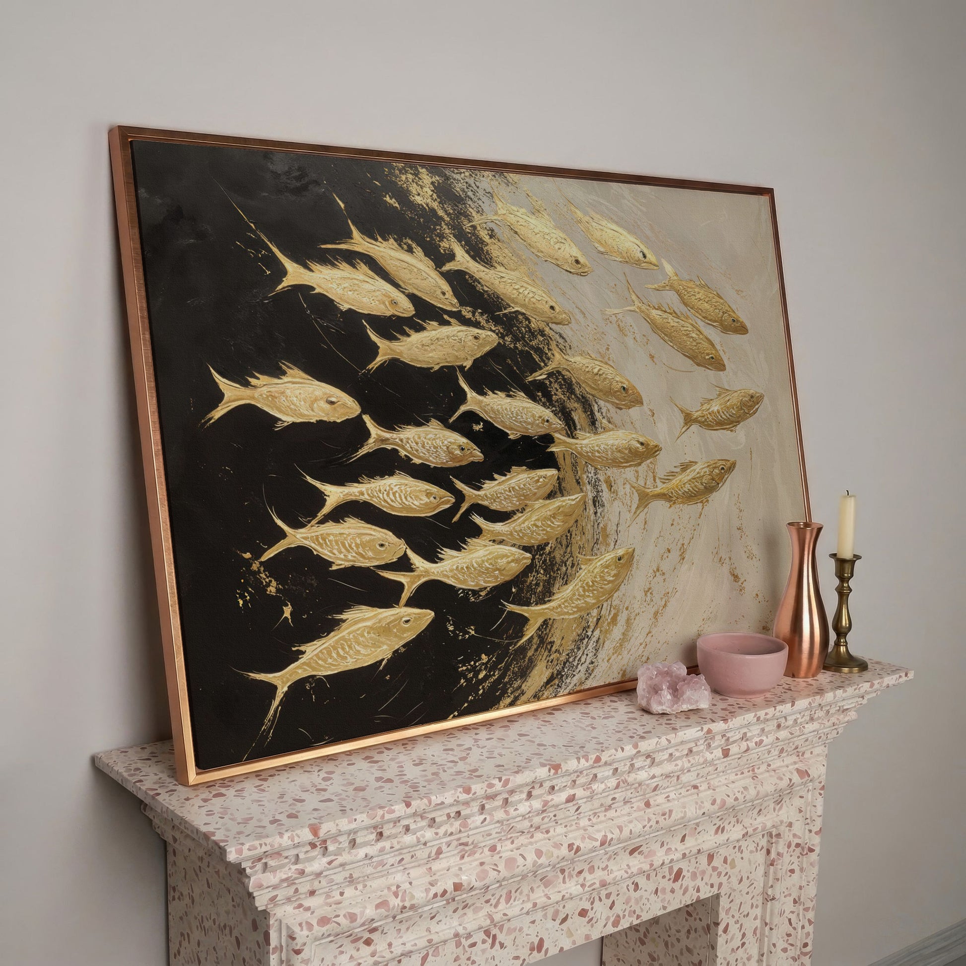 Abstract Gold Fish Canvas Print in rose gold floating frame