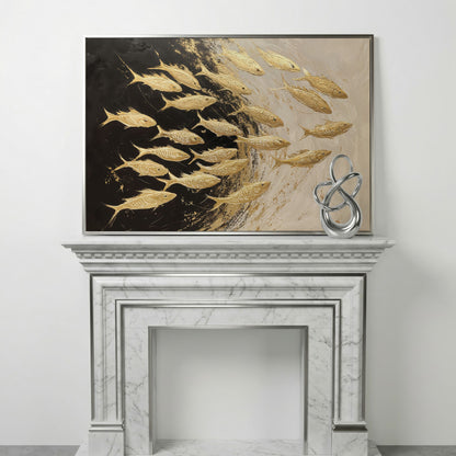 Abstract Gold Fish Canvas Print in silver floating frame