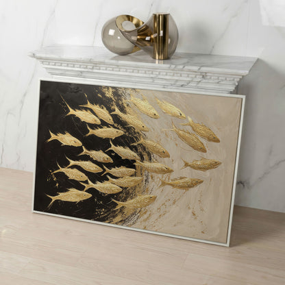 Abstract Gold Fish Canvas Print in white floating frame