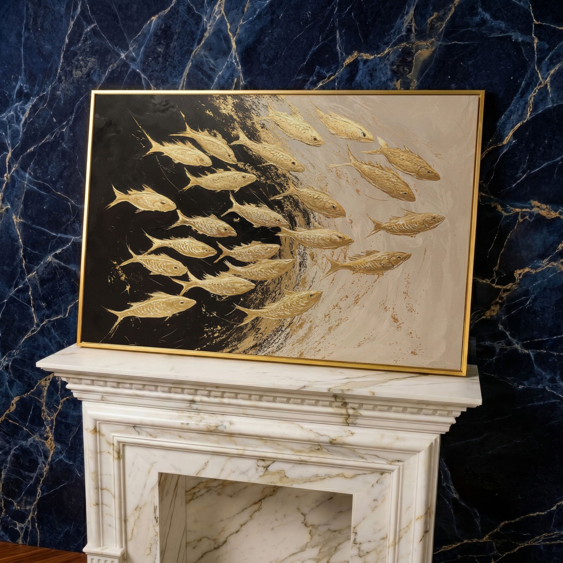 Abstract Gold Fish Canvas Print in yellow gold floating frame