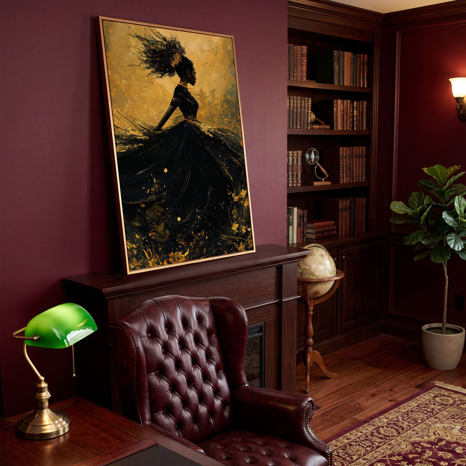 Surreal Black Woman in Profile Canvas Print in antique gold floating frame