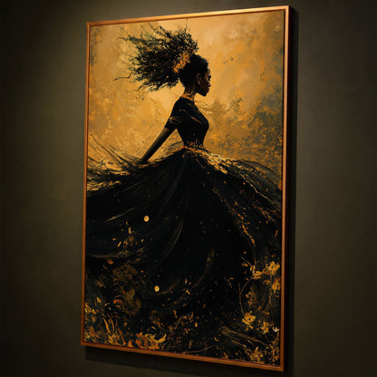 Surreal Black Woman in Profile Canvas Print shown in antique gold floating frame