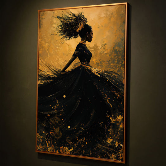 Surreal Black Woman in Profile Canvas Print shown in antique gold floating frame