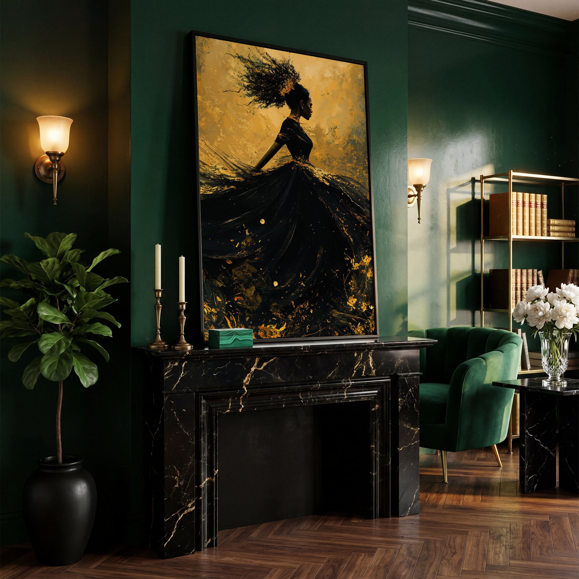 Surreal Black Woman in Profile Canvas Print in black floating frame