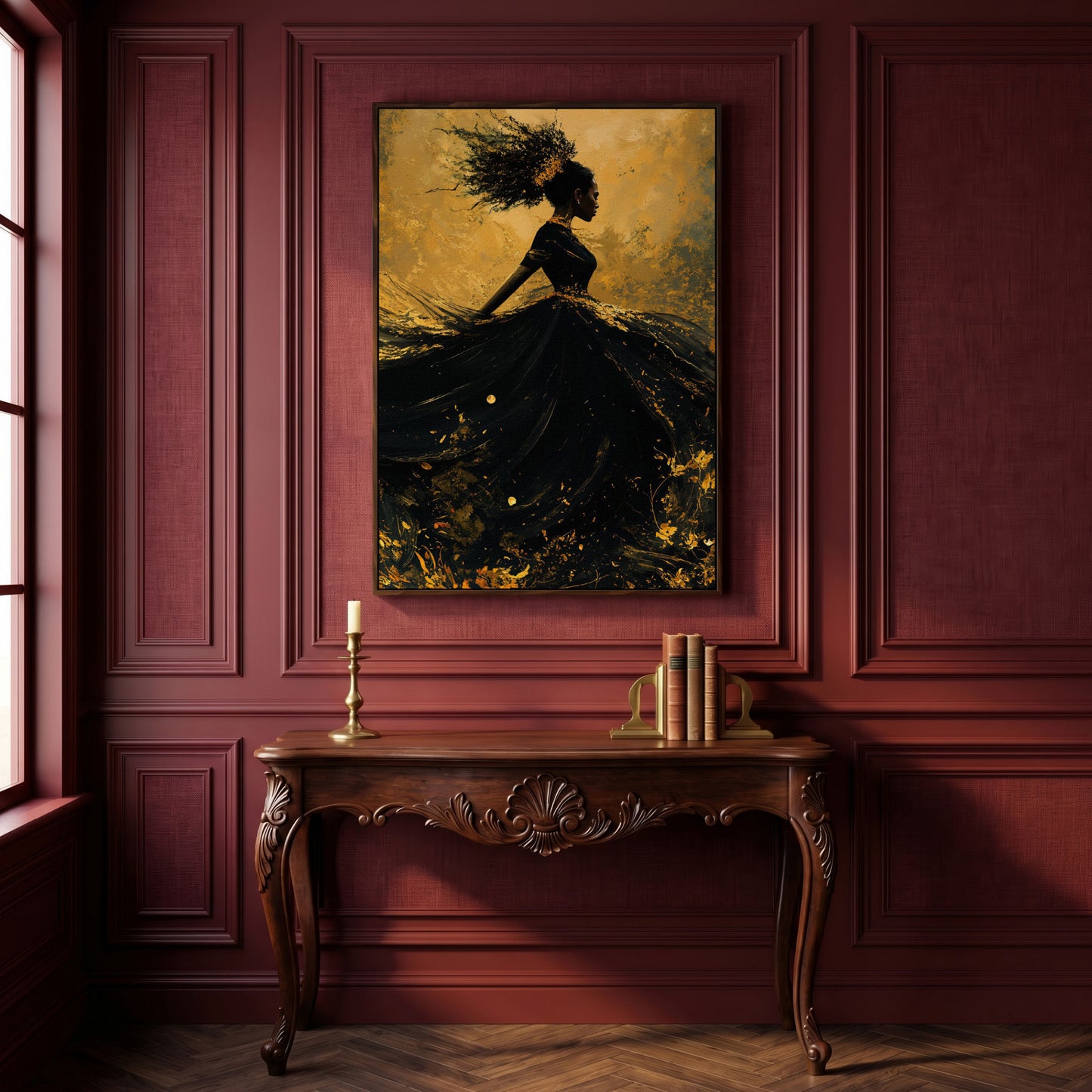 Surreal Black Woman in Profile Canvas Print in dark walnut floating frame