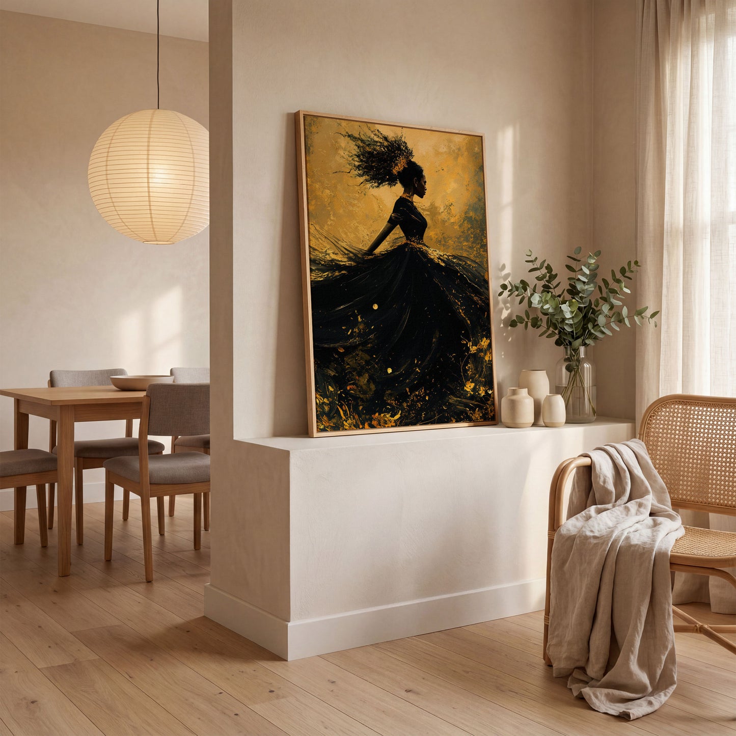 Surreal Black Woman in Profile Canvas Print in white oak floating frame