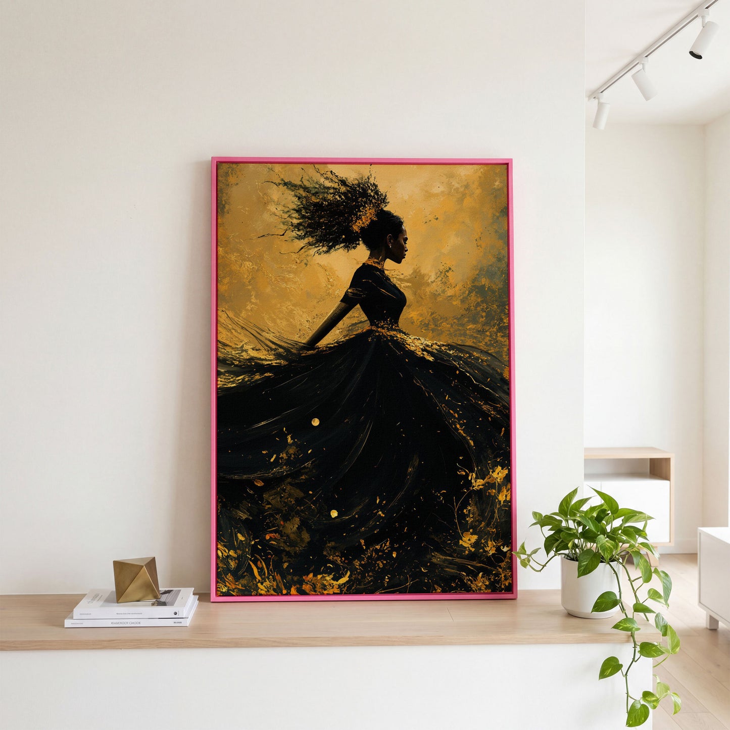 Surreal Black Woman in Profile Canvas Print in pink floating frame