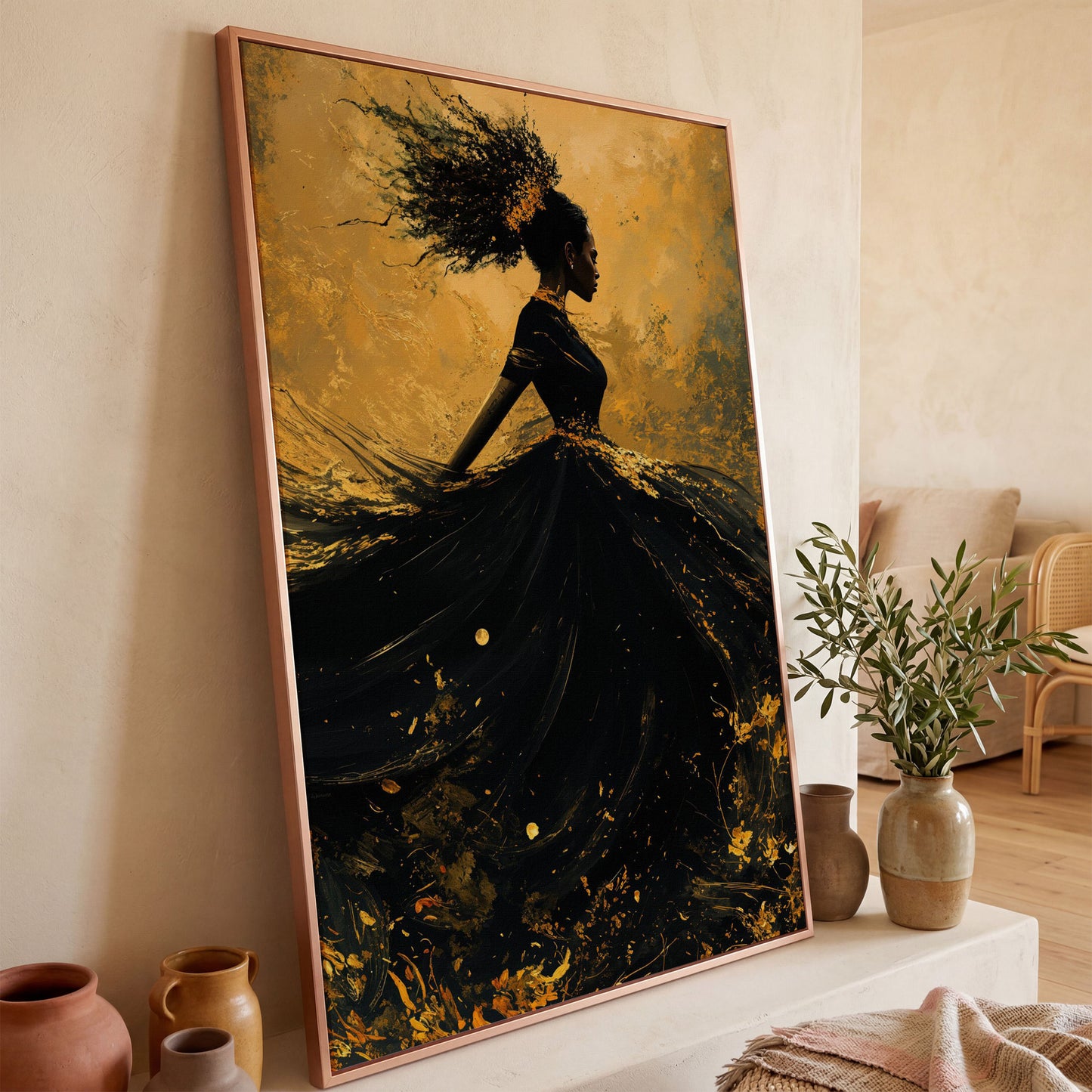 Surreal Black Woman in Profile Canvas Print in rose gold floating frame