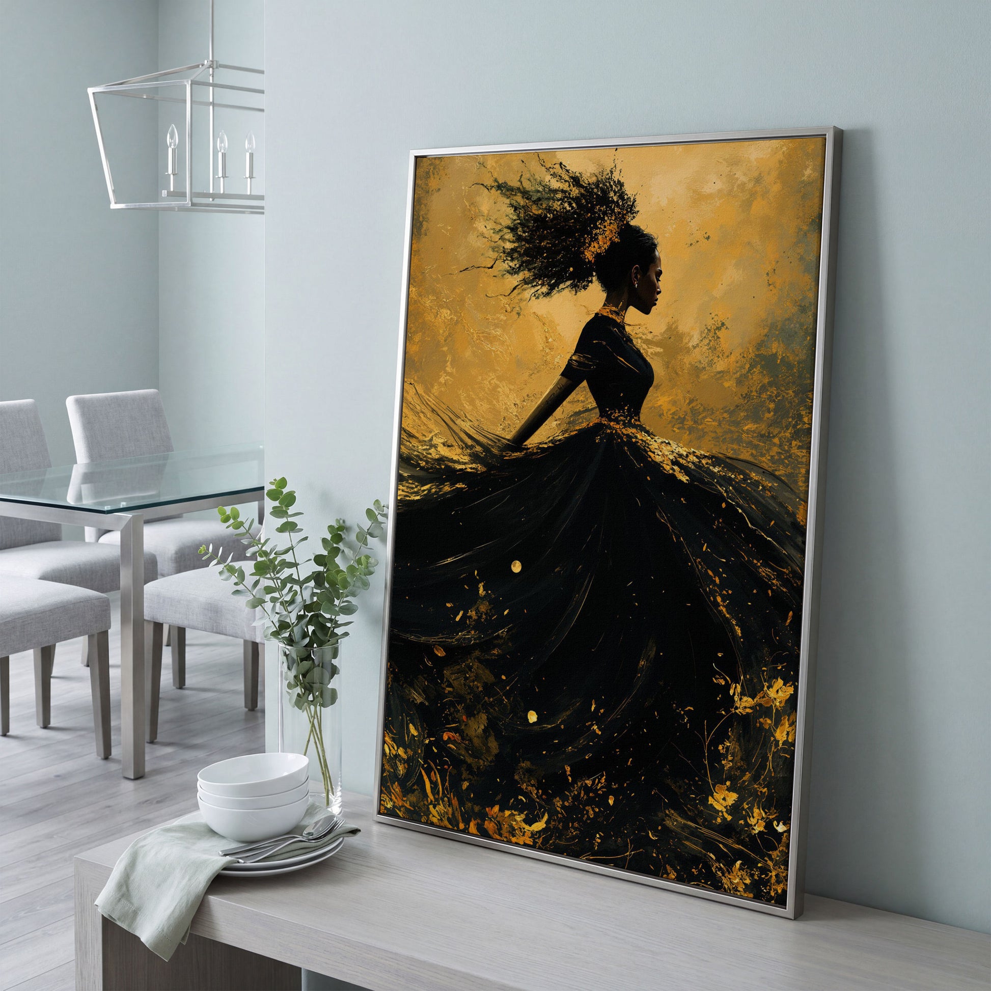 Surreal Black Woman in Profile Canvas Print in silver floating frame