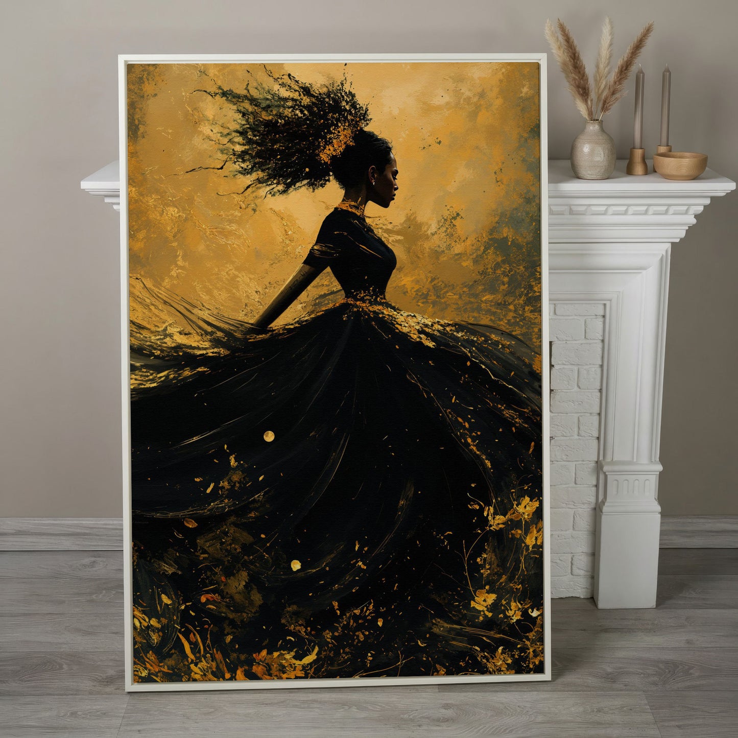 Surreal Black Woman in Profile Canvas Print in white floating frame
