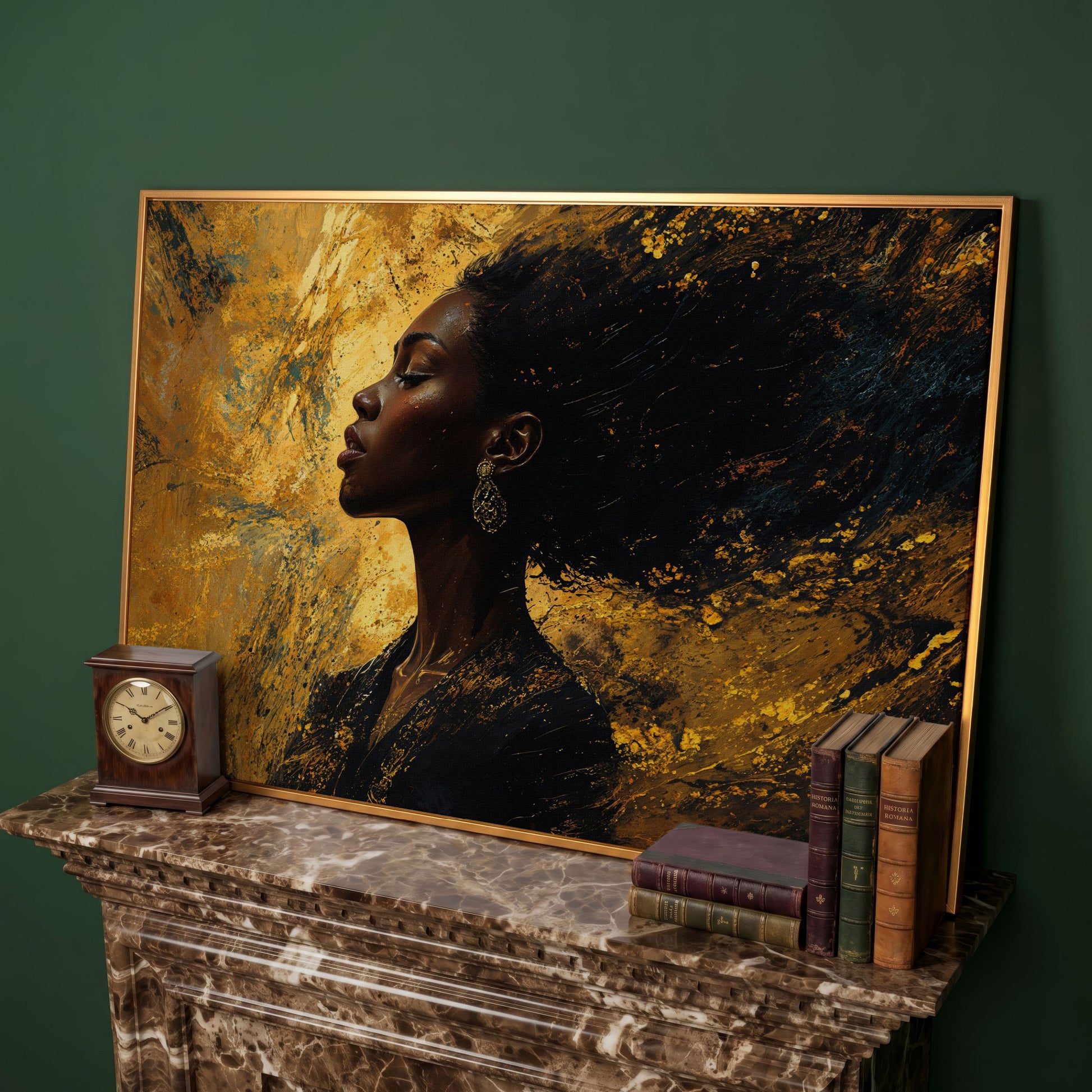 Elegant Black Woman Profile Canvas in antique gold floating frame