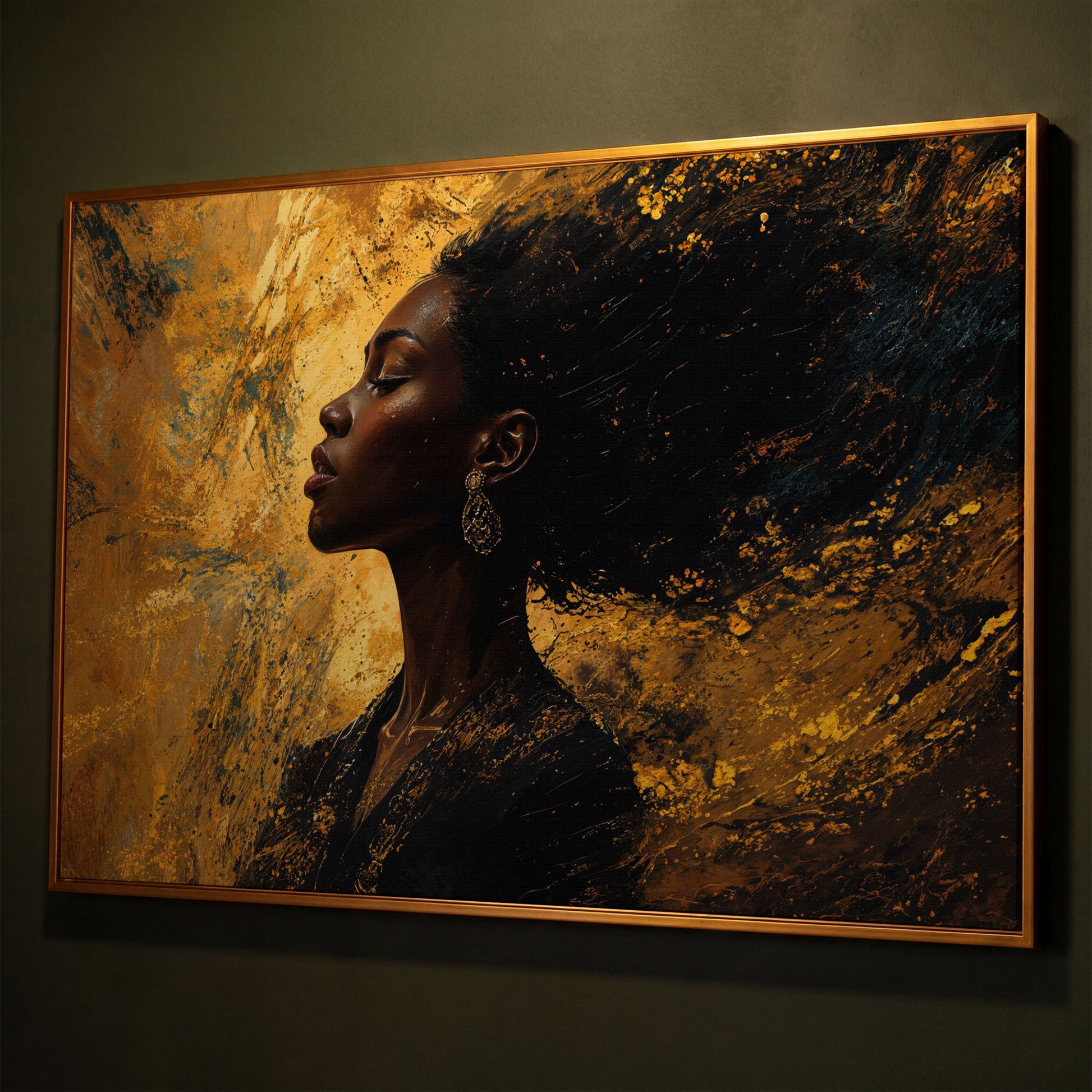 Elegant Black Woman Profile Canvas shown in antique gold floating frame