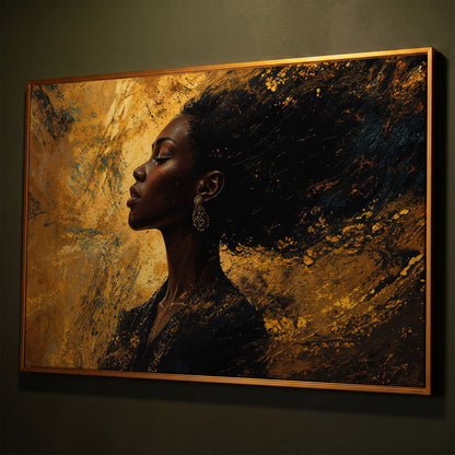 Elegant Black Woman Profile Canvas shown in antique gold floating frame