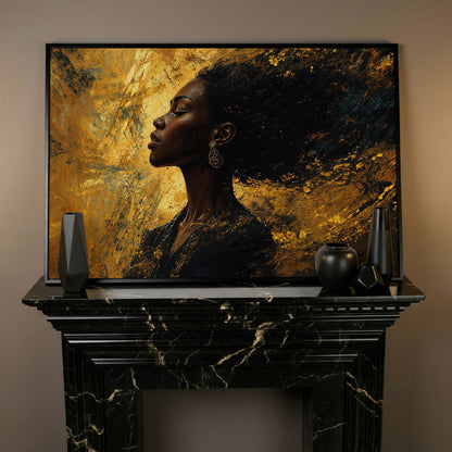 Elegant Black Woman Profile Canvas in black floating frame
