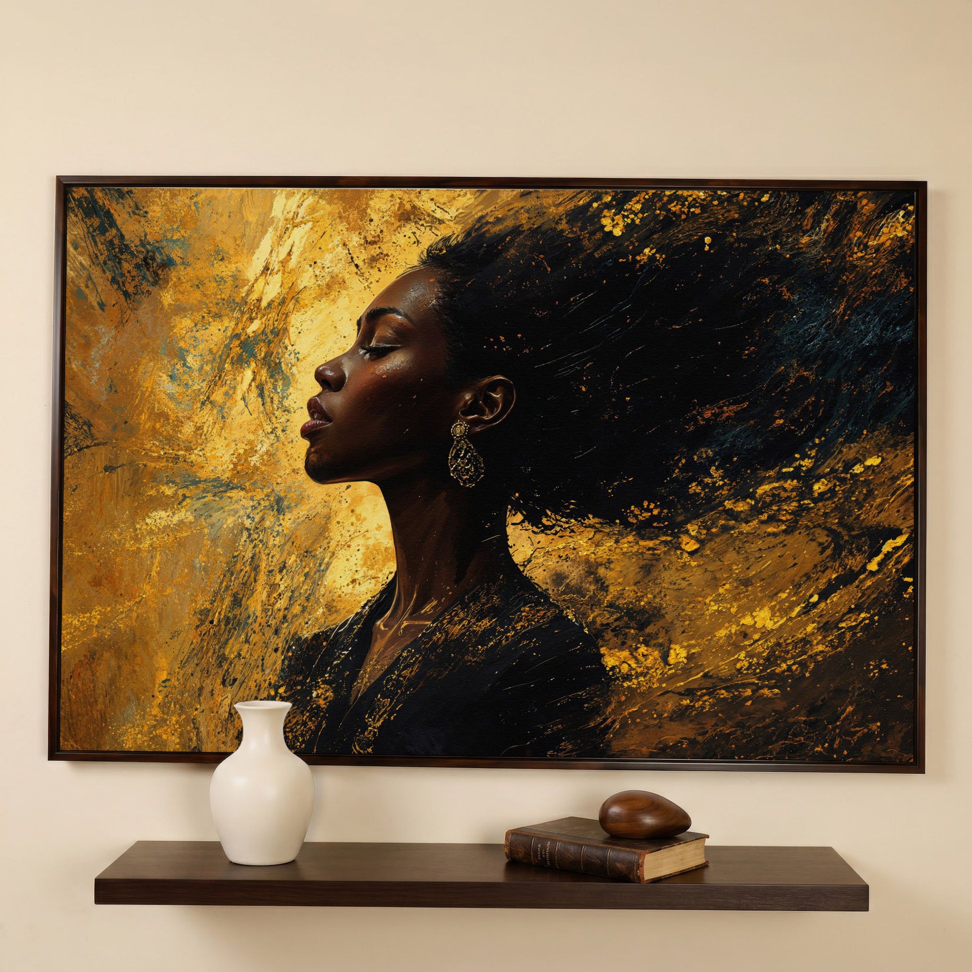 Elegant Black Woman Profile Canvas in dark walnut floating frame