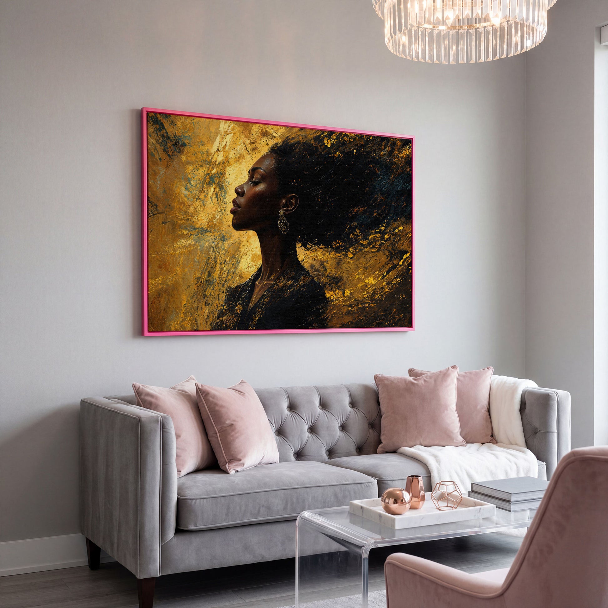 Elegant Black Woman Profile Canvas in pink floating frame