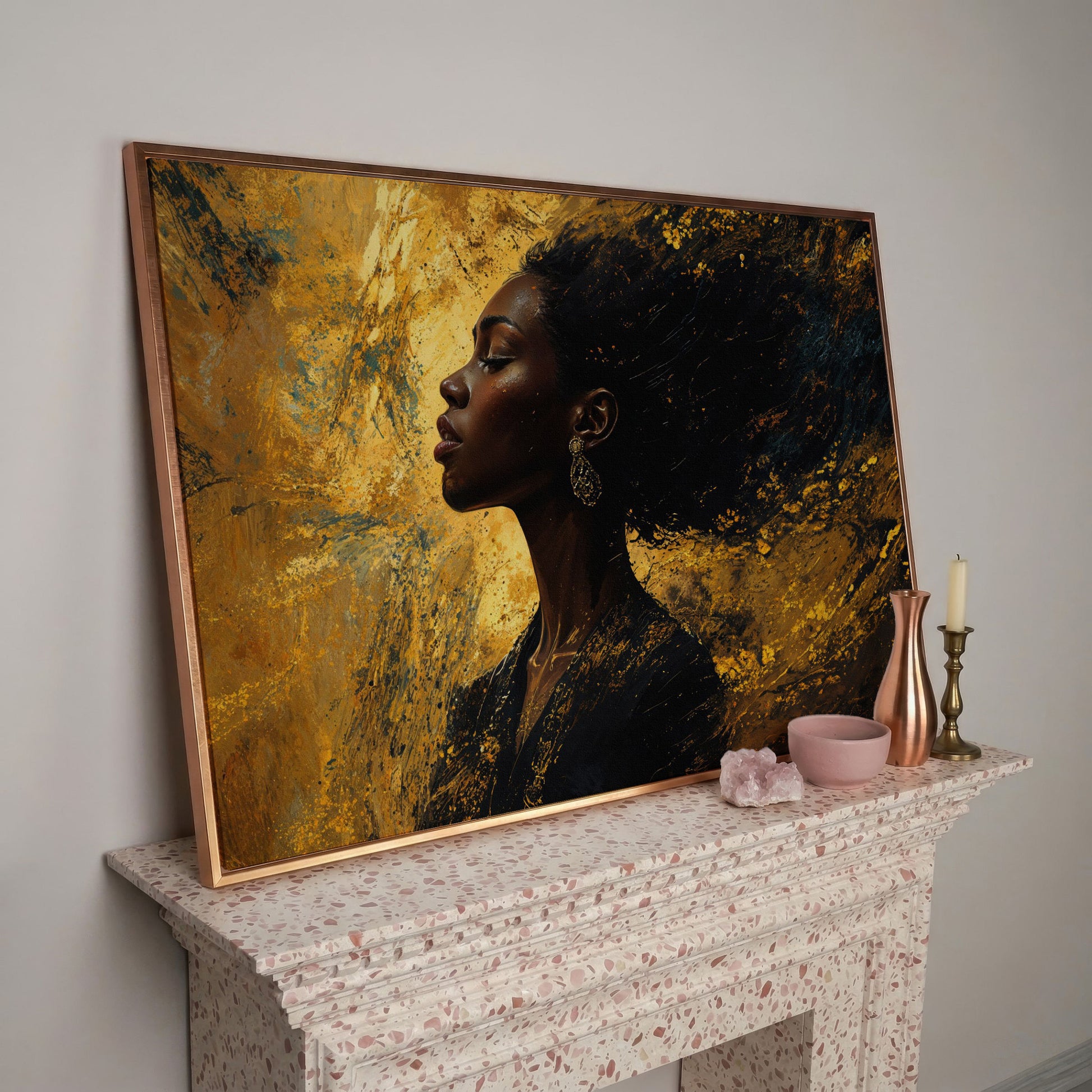 Elegant Black Woman Profile Canvas in rose gold floating frame