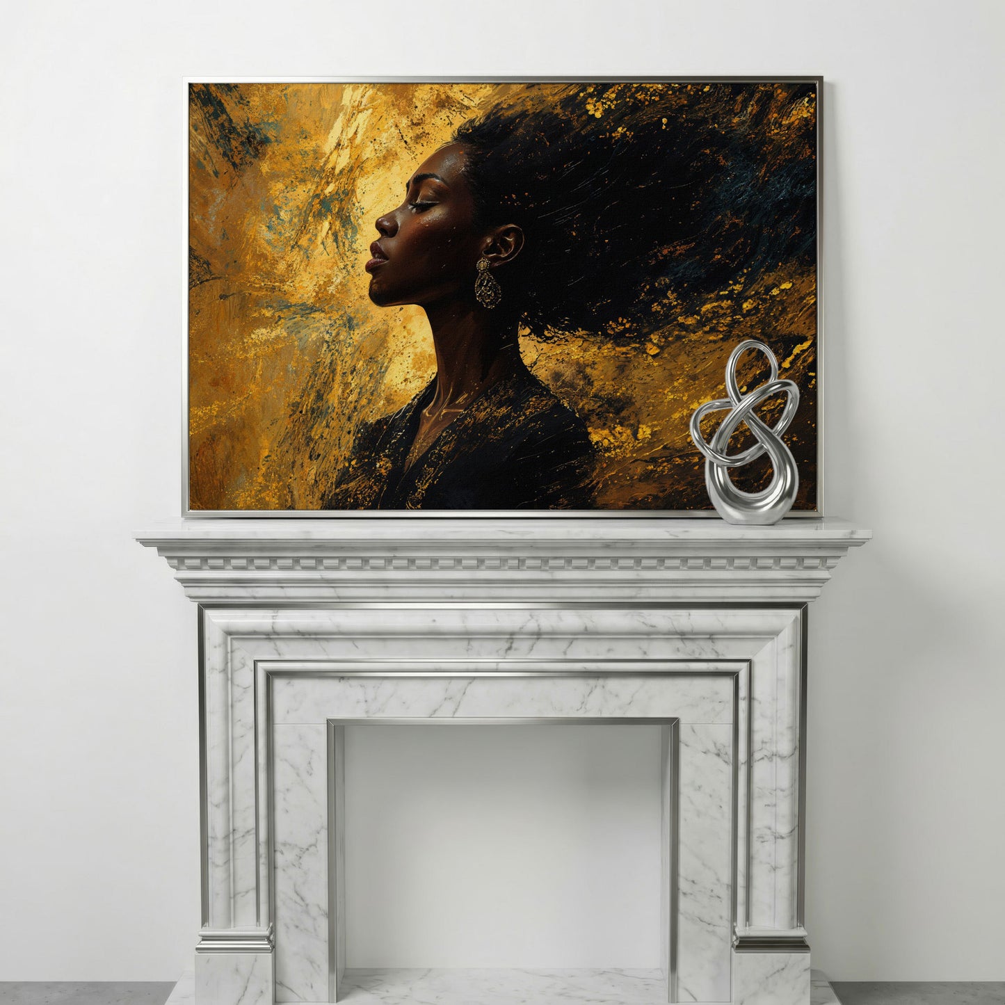 Elegant Black Woman Profile Canvas in silver floating frame