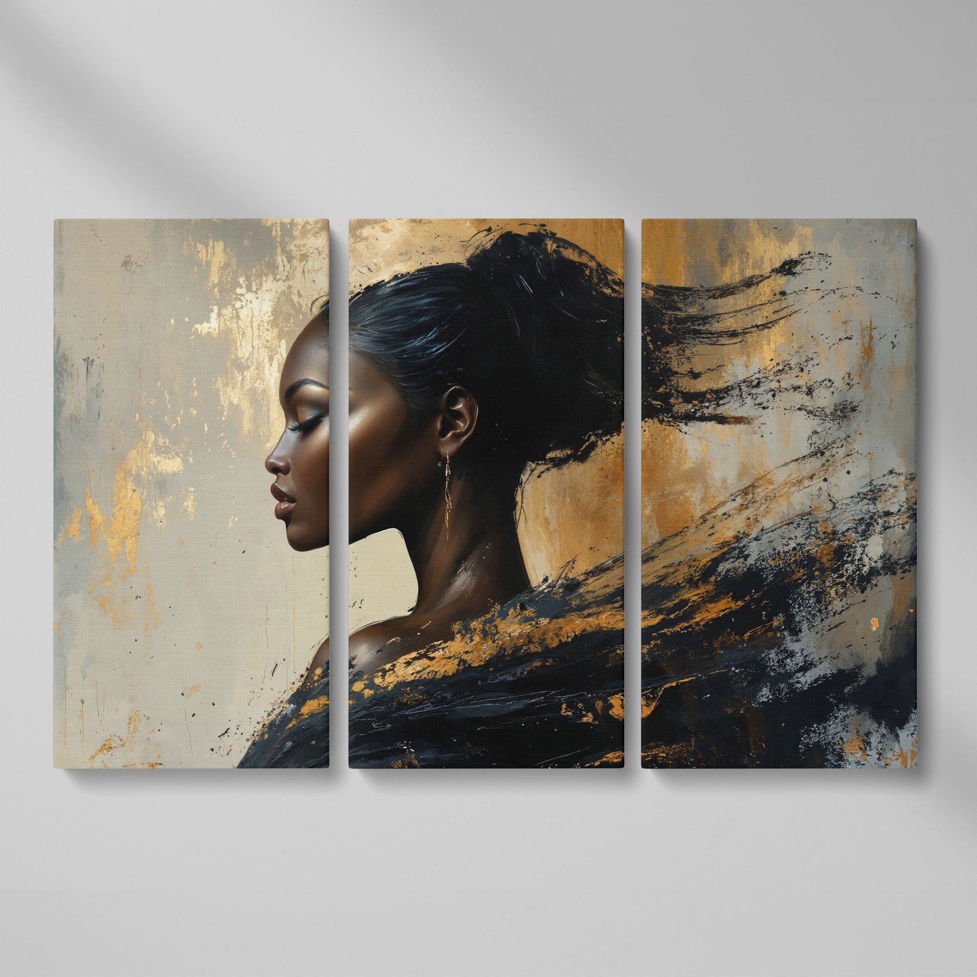 Abstract Black Woman Portrait Canvas as 3-panel split version