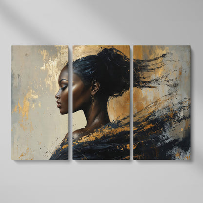 Abstract Black Woman Portrait Canvas as 3-panel split version