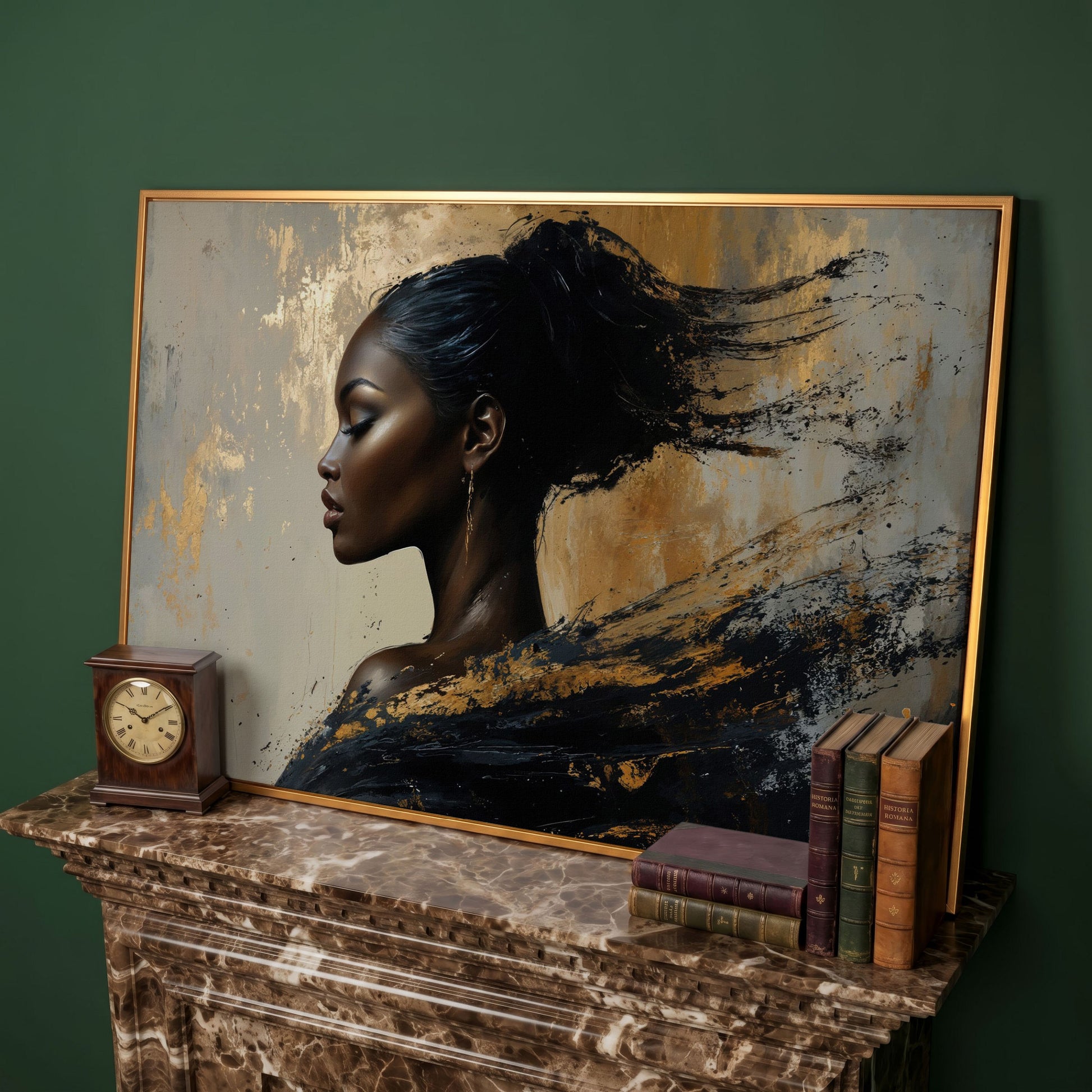 Abstract Black Woman Portrait Canvas in antique gold floating frame