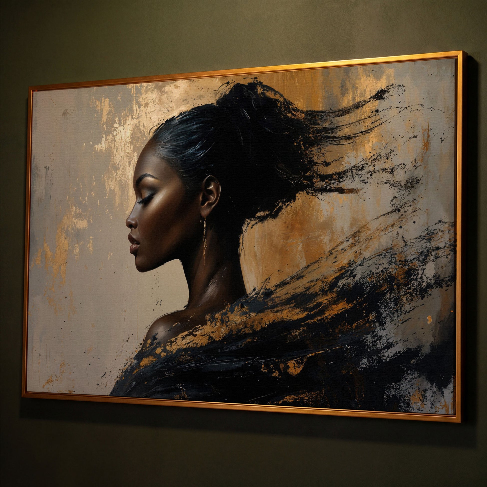 Abstract Black Woman Portrait Canvas shown in antique gold floating frame