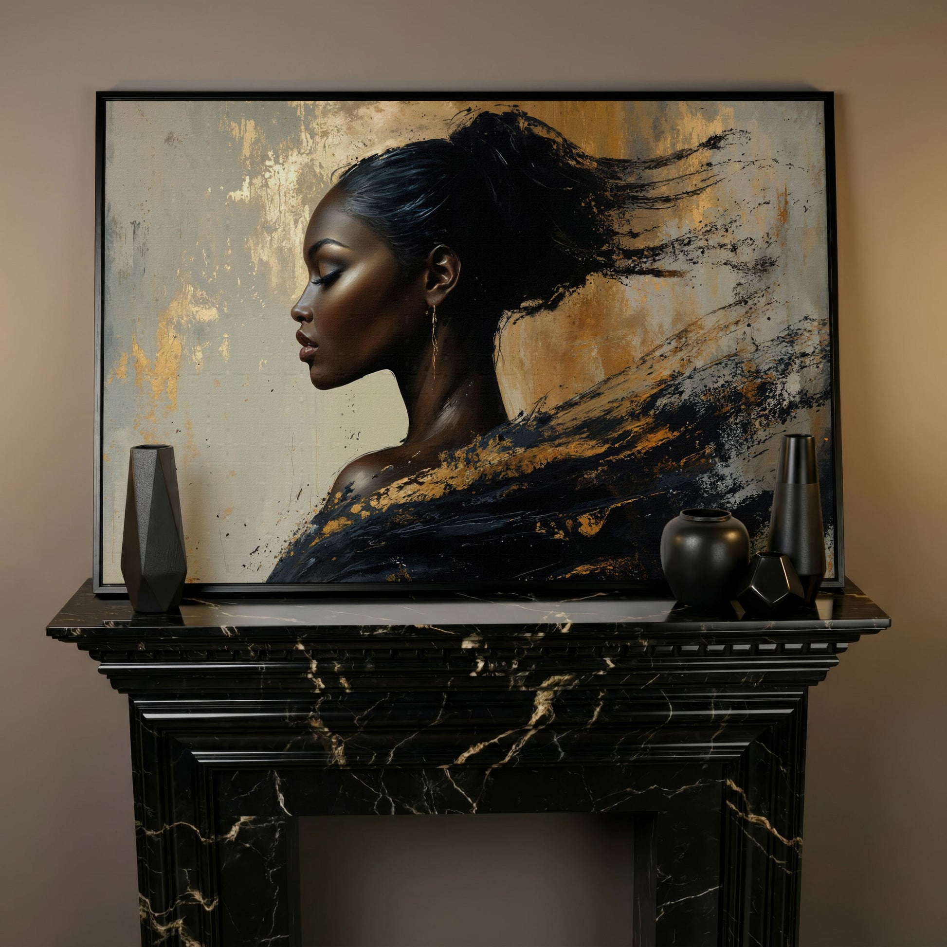 Abstract Black Woman Portrait Canvas in black floating frame
