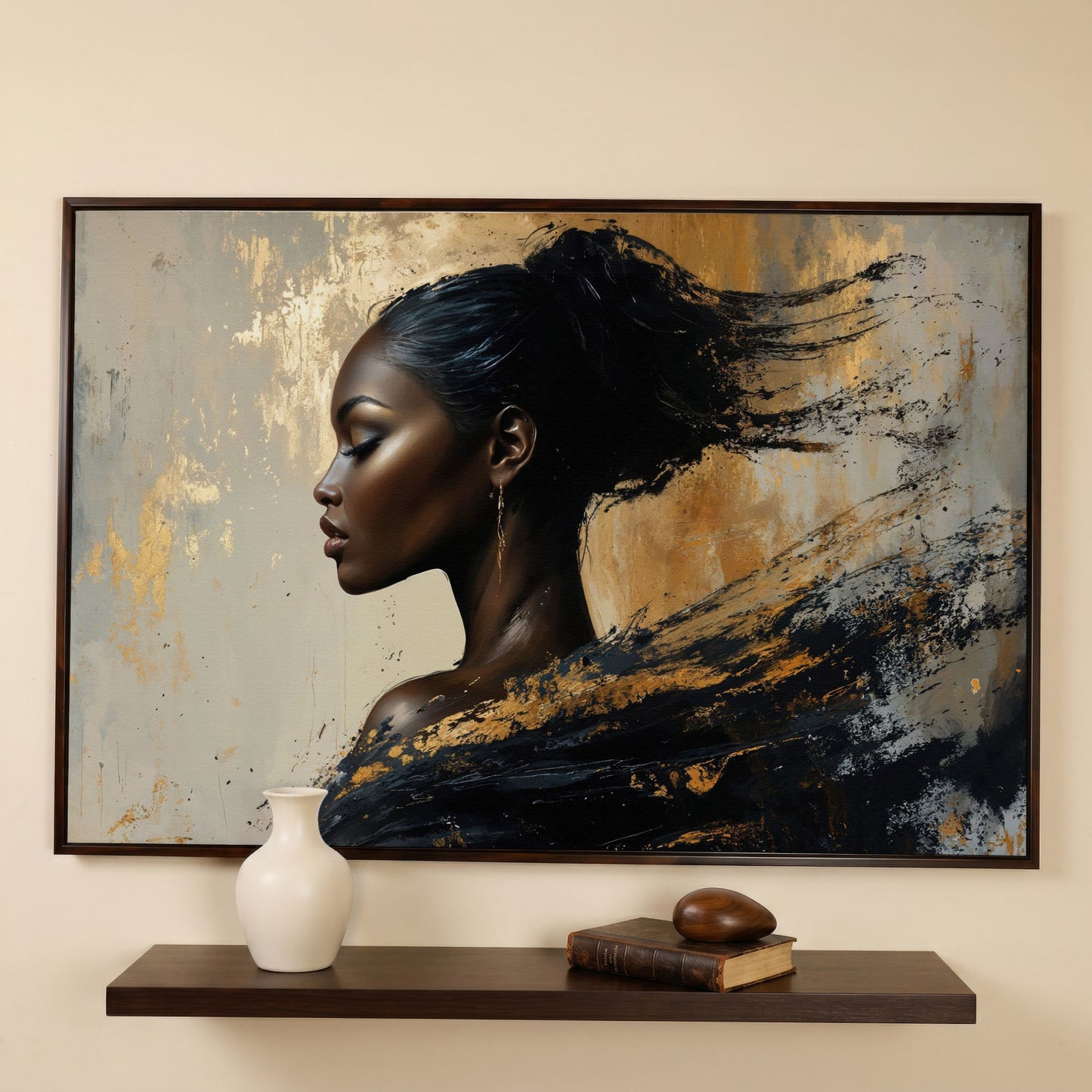 Abstract Black Woman Portrait Canvas in dark walnut floating frame