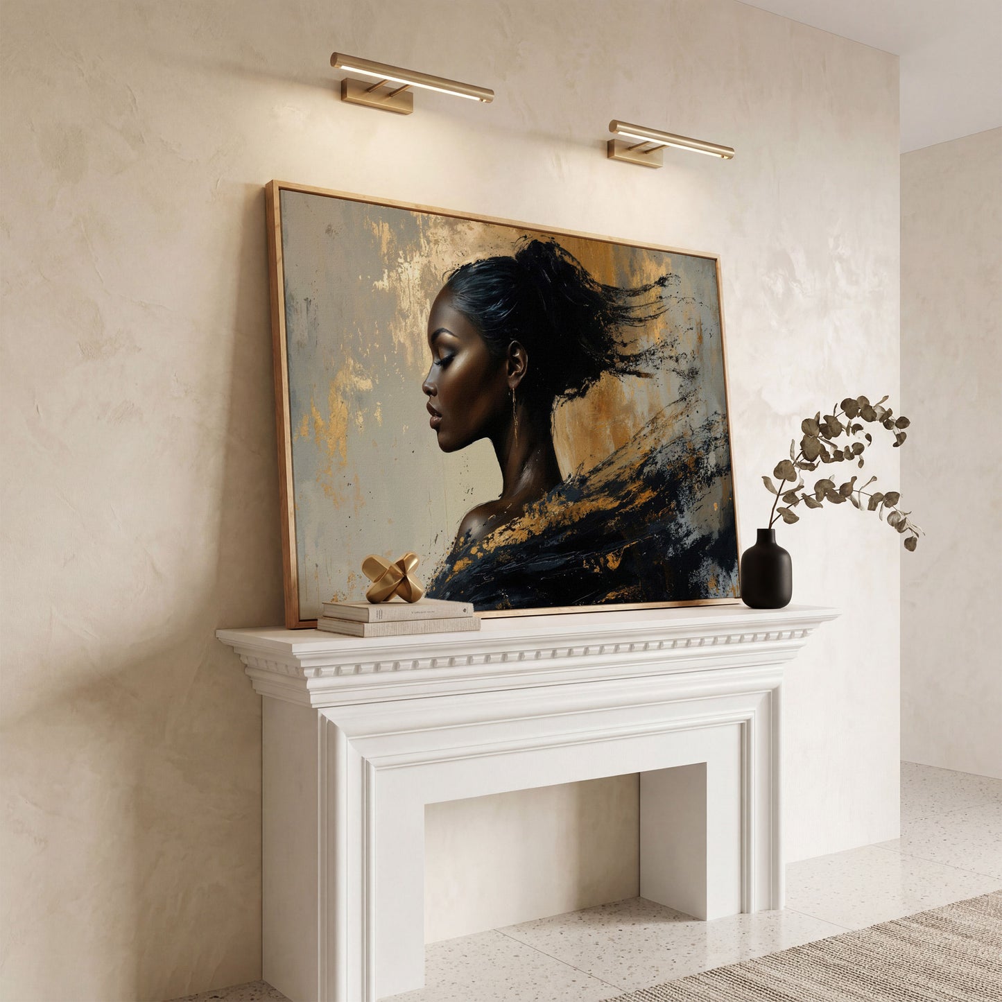 Abstract Black Woman Portrait Canvas in white oak floating frame