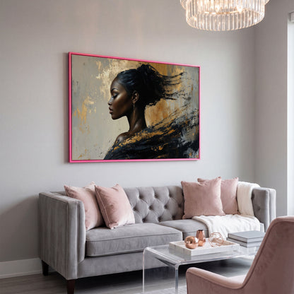 Abstract Black Woman Portrait Canvas in pink floating frame