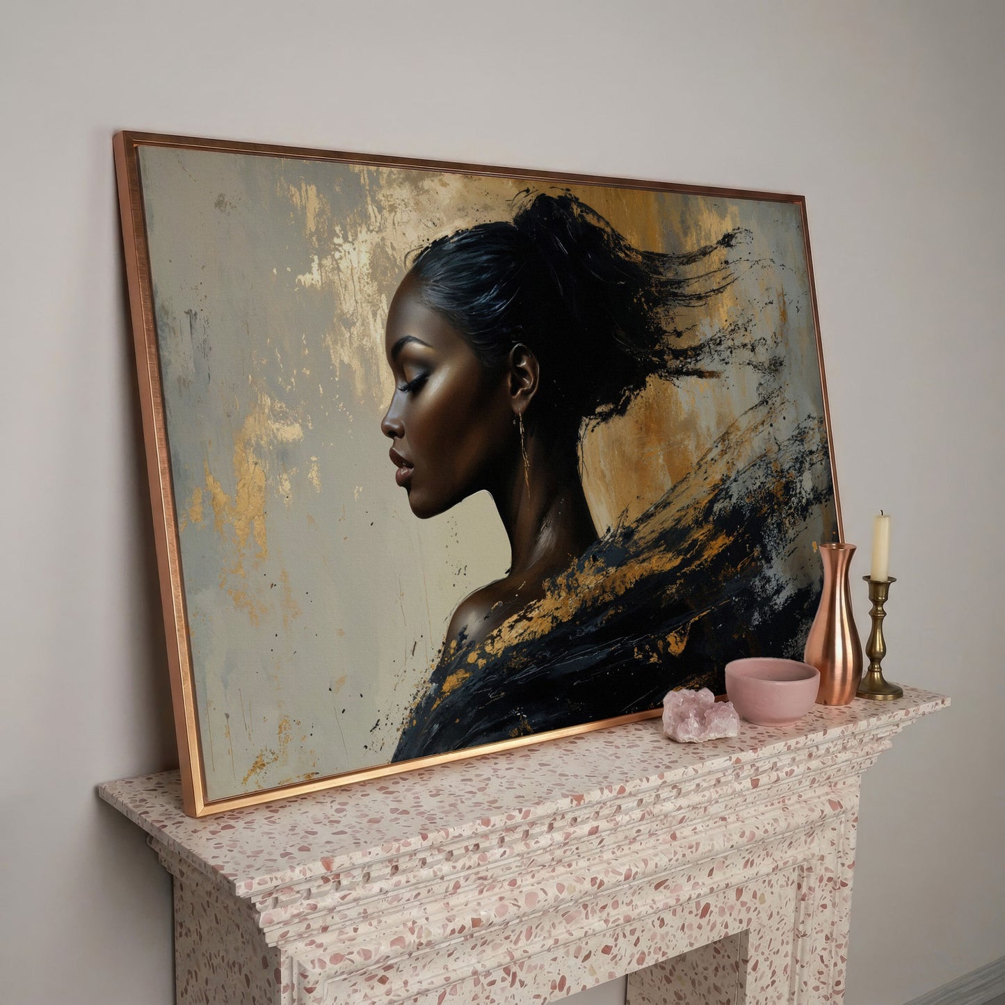 Abstract Black Woman Portrait Canvas in rose gold floating frame