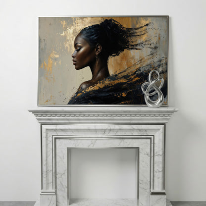 Abstract Black Woman Portrait Canvas in silver floating frame