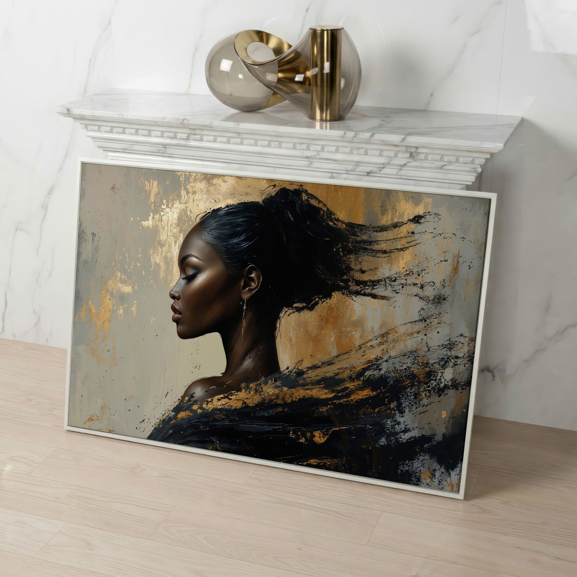 Abstract Black Woman Portrait Canvas in white floating frame