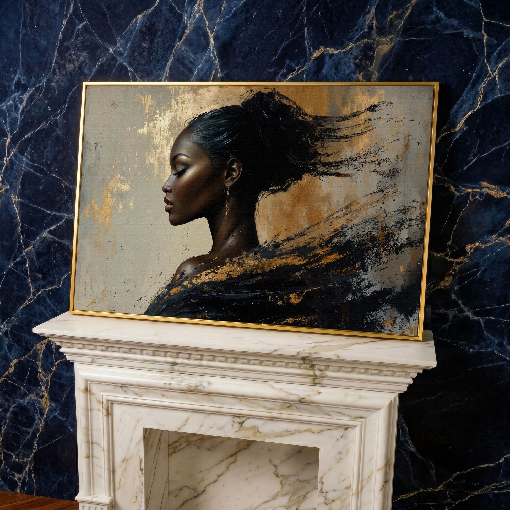 Abstract Black Woman Portrait Canvas in yellow gold floating frame
