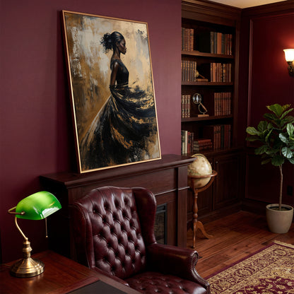 Woman in Flowing Dress Canvas Print in antique gold floating frame