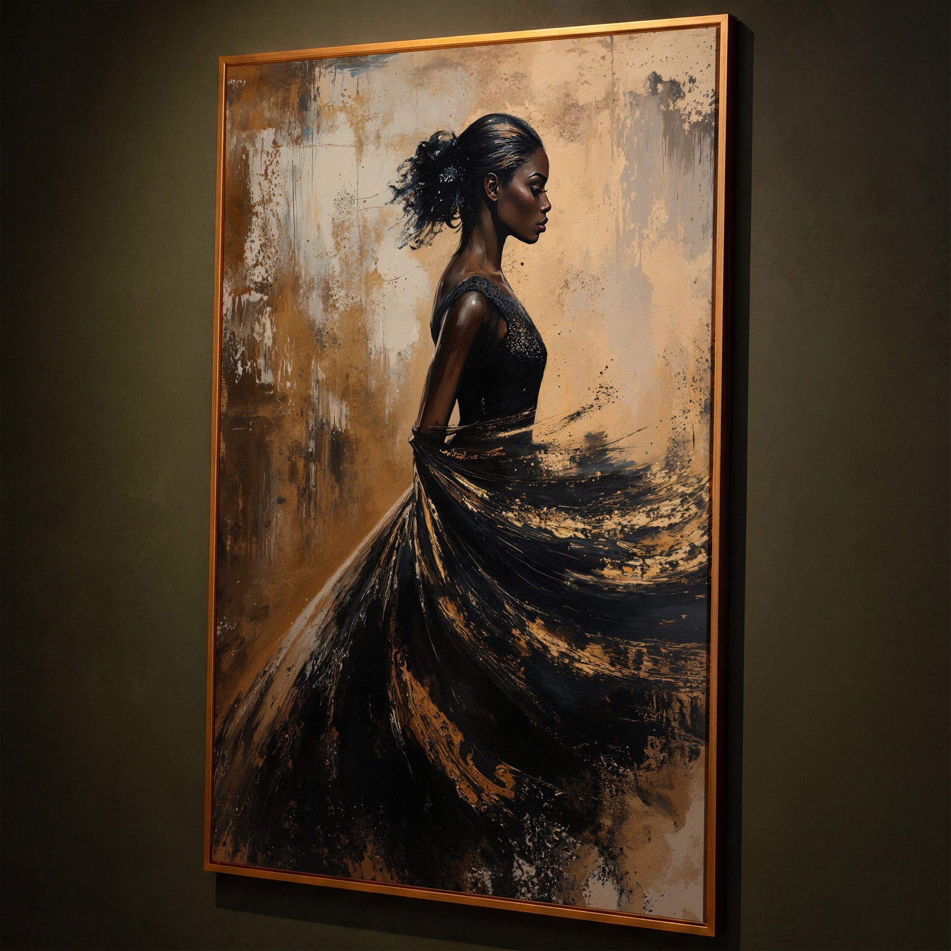 Woman in Flowing Dress Canvas Print shown in antique gold floating frame