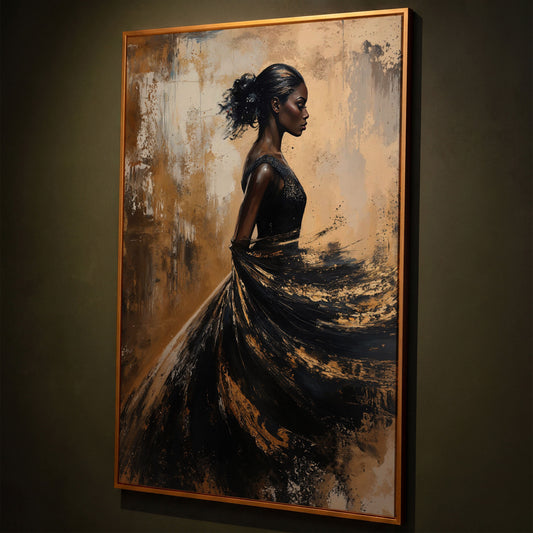Woman in Flowing Dress Canvas Print shown in antique gold floating frame