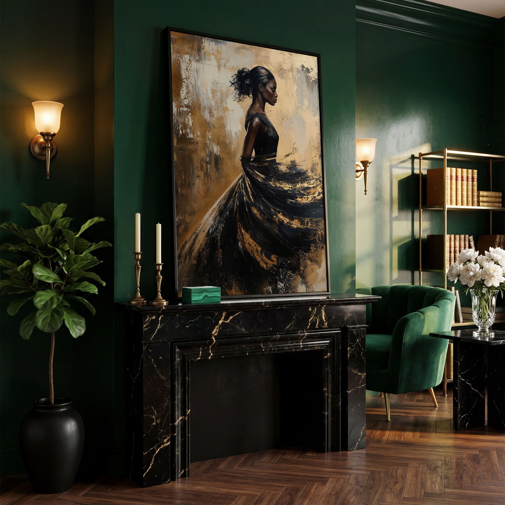 Woman in Flowing Dress Canvas Print in black floating frame
