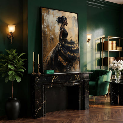 Woman in Flowing Dress Canvas Print in black floating frame