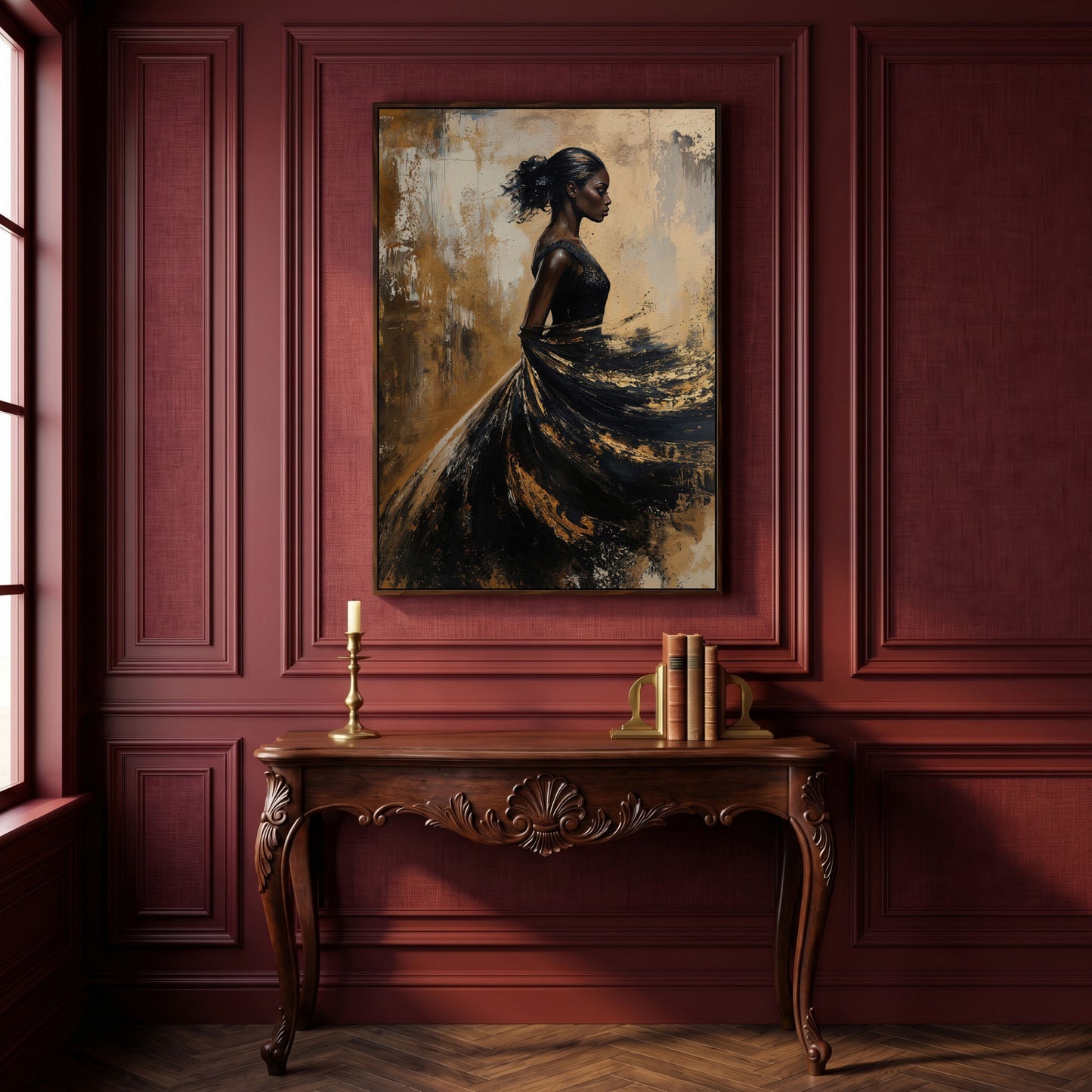 Woman in Flowing Dress Canvas Print in dark walnut floating frame