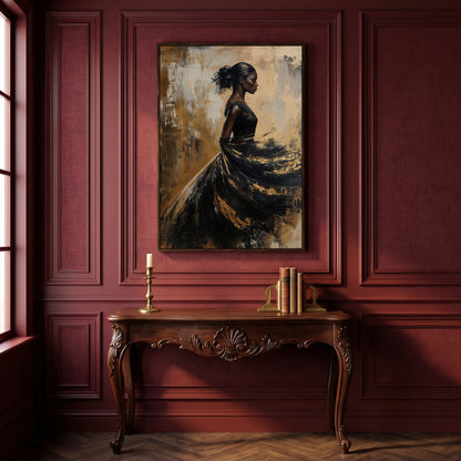 Woman in Flowing Dress Canvas Print in dark walnut floating frame