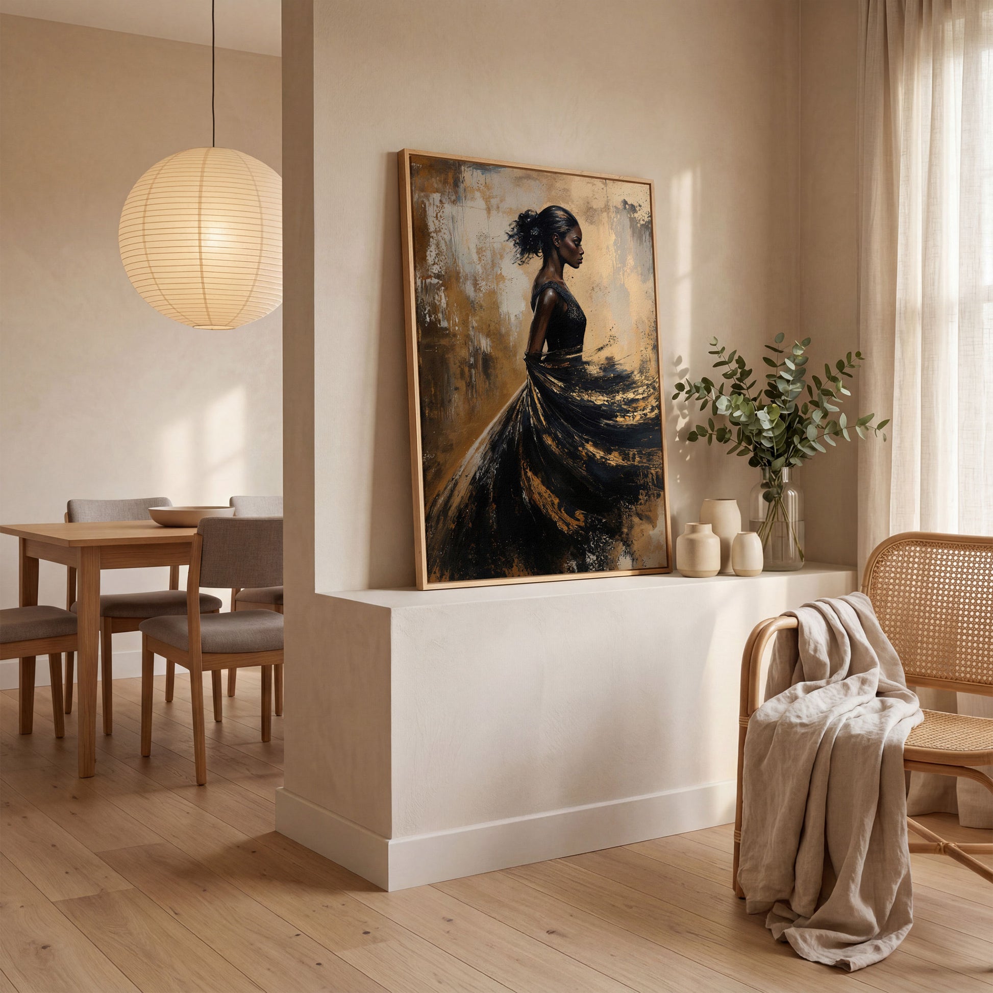 Woman in Flowing Dress Canvas Print in white oak floating frame