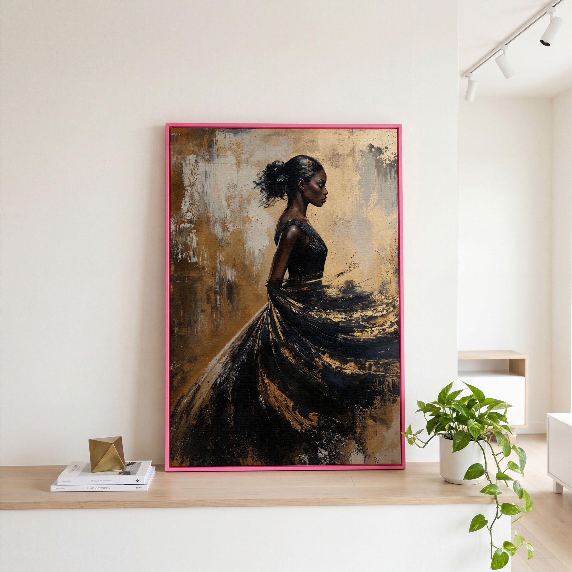 Woman in Flowing Dress Canvas Print in pink floating frame