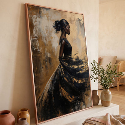 Woman in Flowing Dress Canvas Print in rose gold floating frame