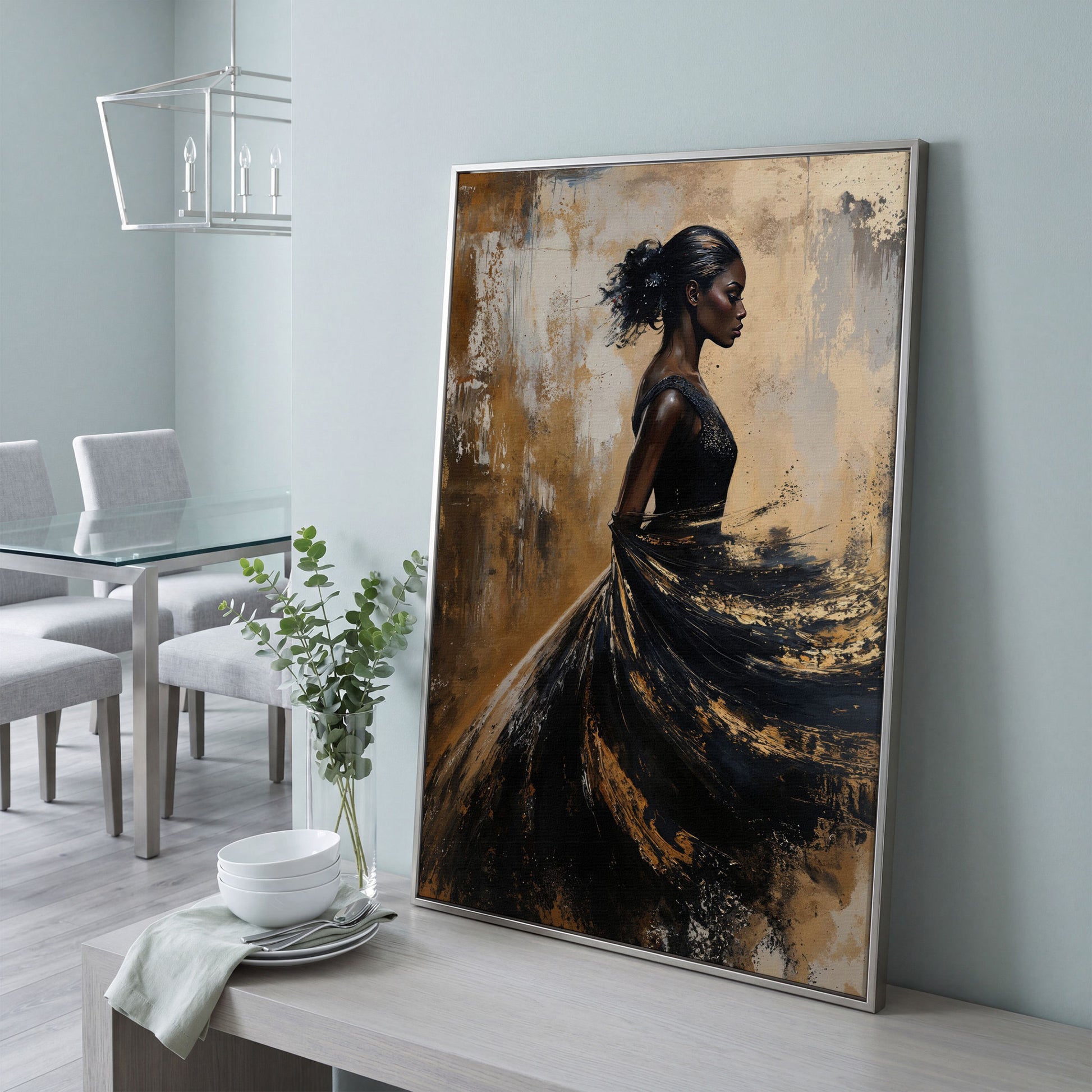 Woman in Flowing Dress Canvas Print in silver floating frame